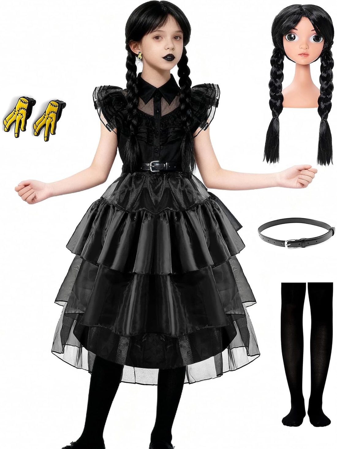 Black Family Cosplay Dress for Girls with Wig and Earrings