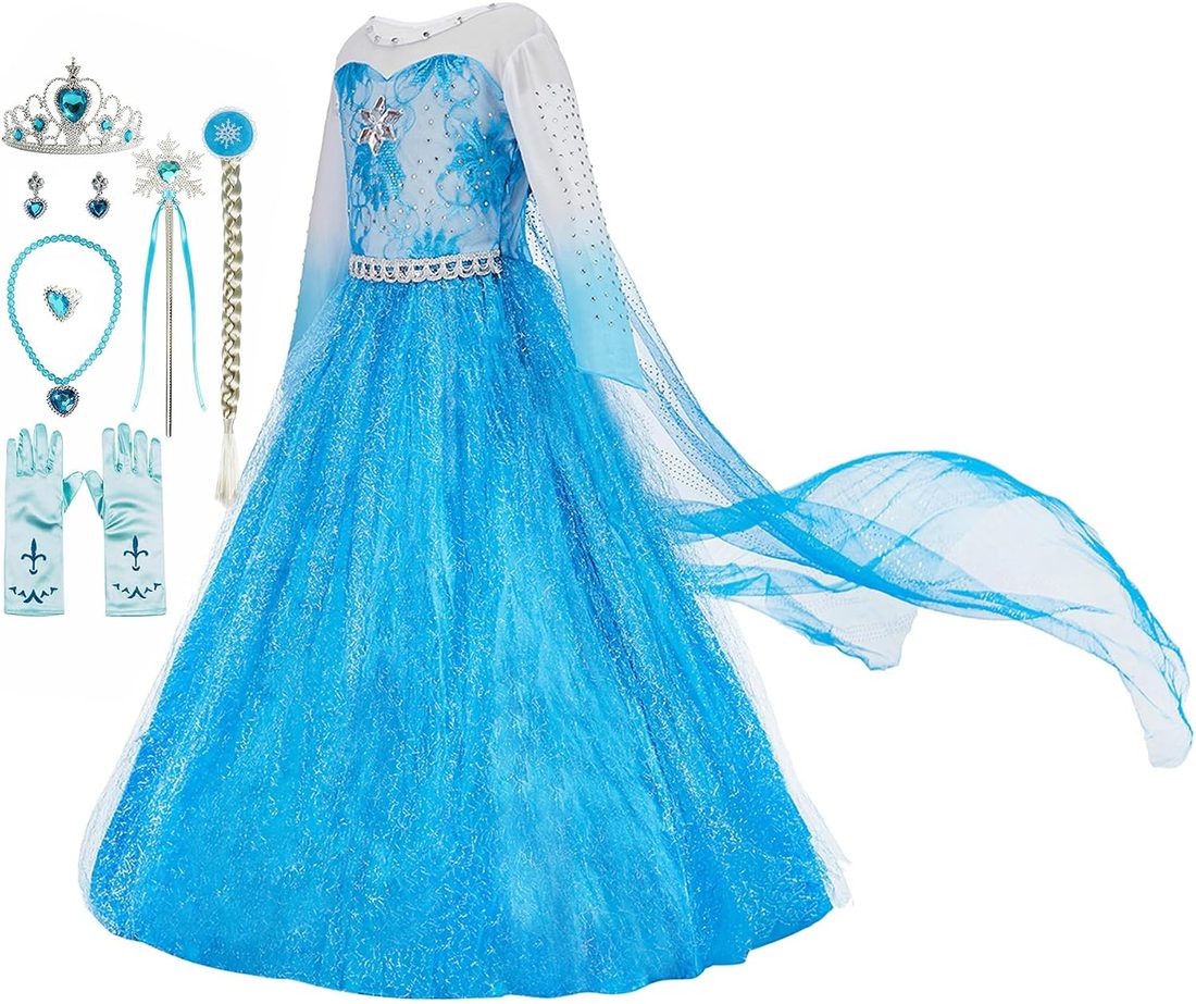 Blue Princess Dress Up Costume for Girls with Crown and Wand