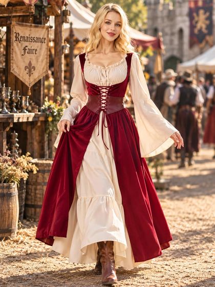Medieval Renaissance Corset Dress with Bell Sleeves — view 3