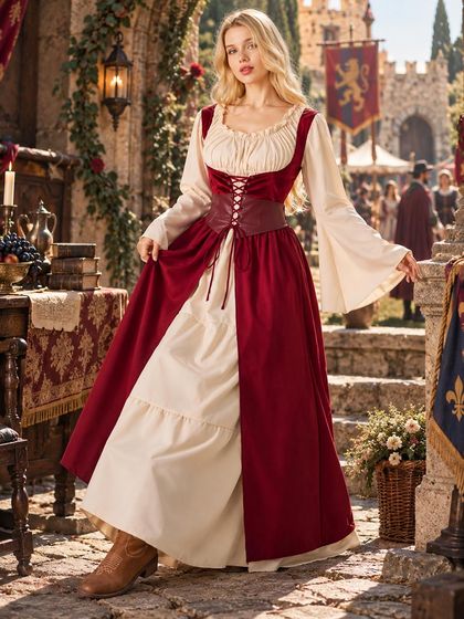 Medieval Renaissance Corset Dress with Bell Sleeves — view 5