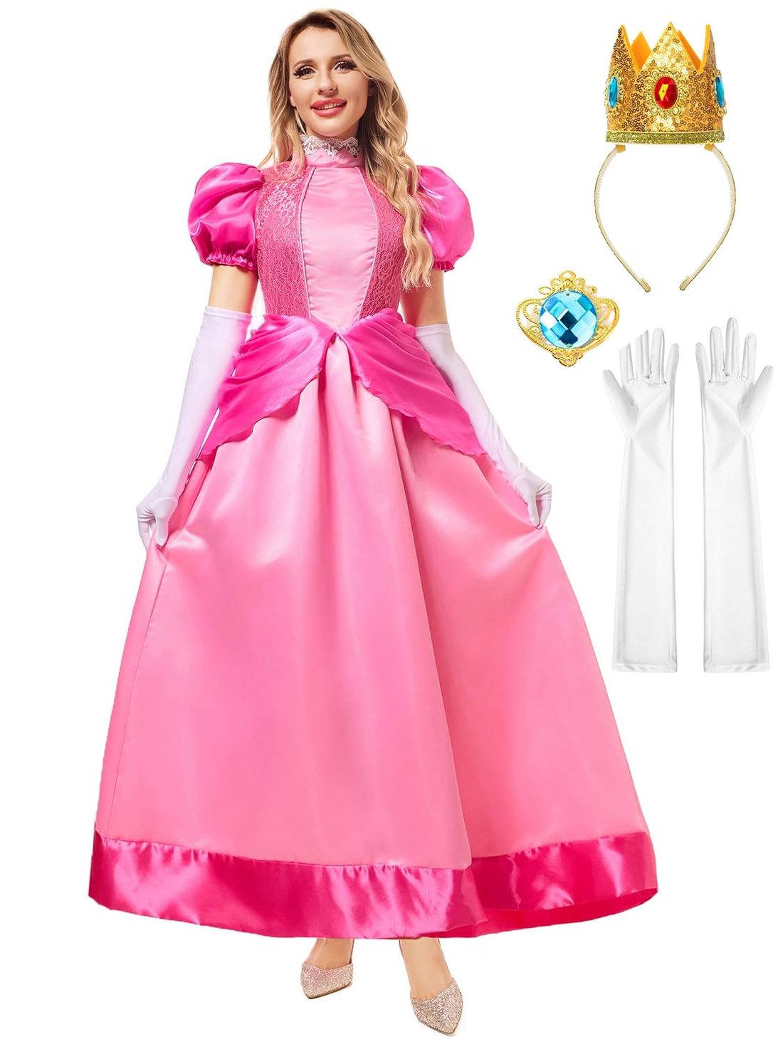 Pink Princess Costume for Women with Crown and Gloves